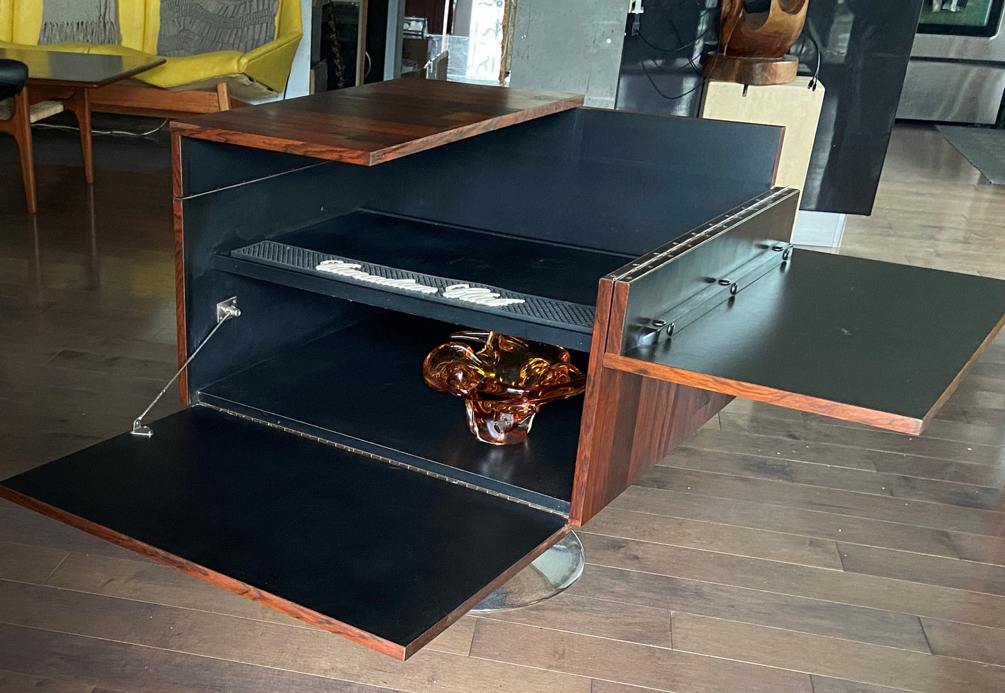 REFINISHED Mid Century Modern Rosewood Bar Cabinet on Tulip Base, Perfect