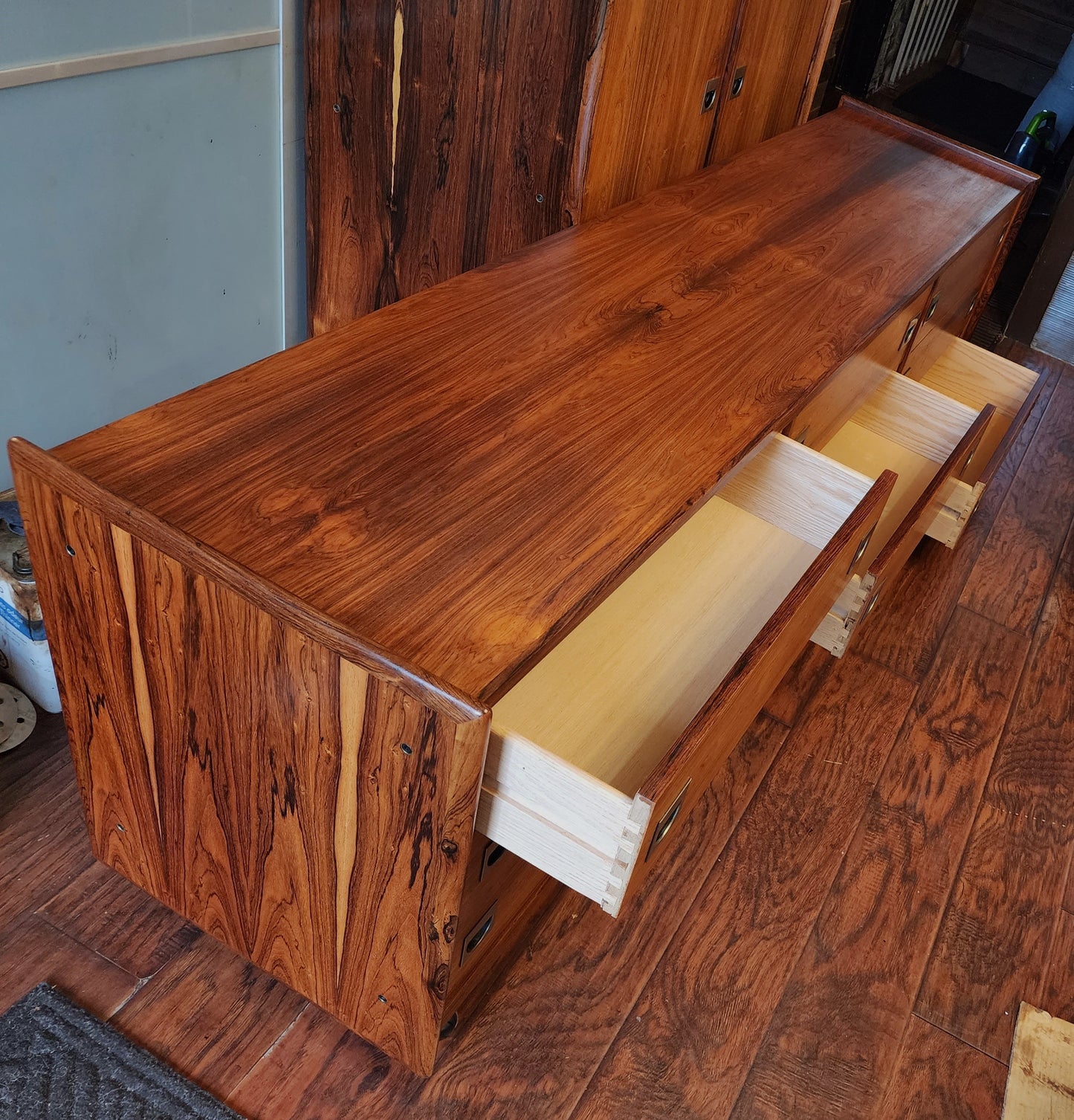 Mid Century Modern Rosewood Queen bed w nightstands, dresser & tallboy