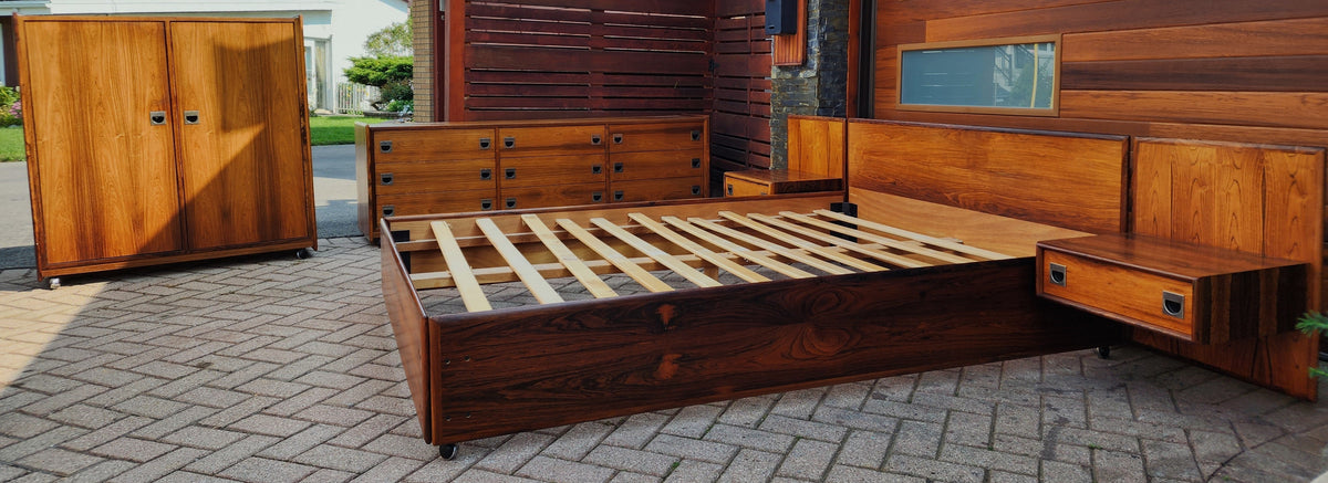 Mid Century Modern Rosewood Queen bed w nightstands, dresser & tallboy