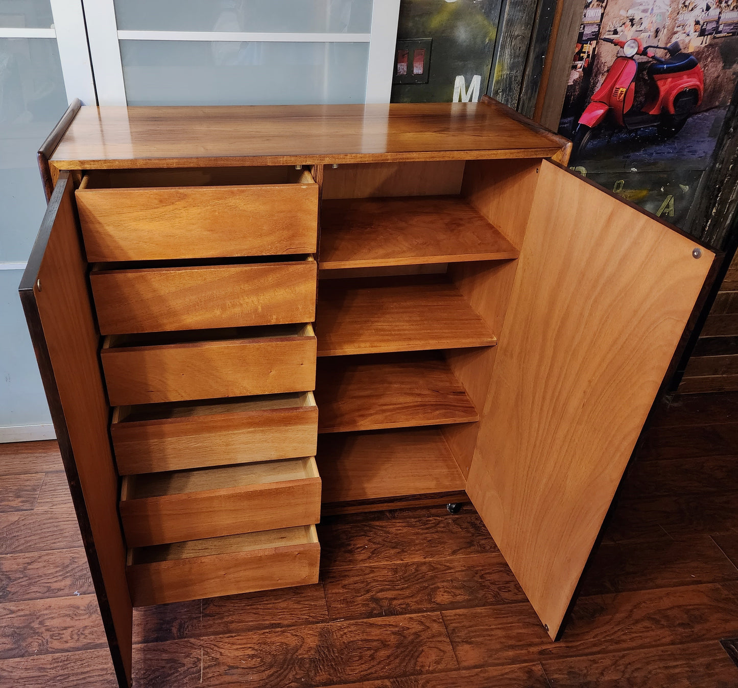 Mid Century Modern Rosewood Queen bed w nightstands, dresser & tallboy