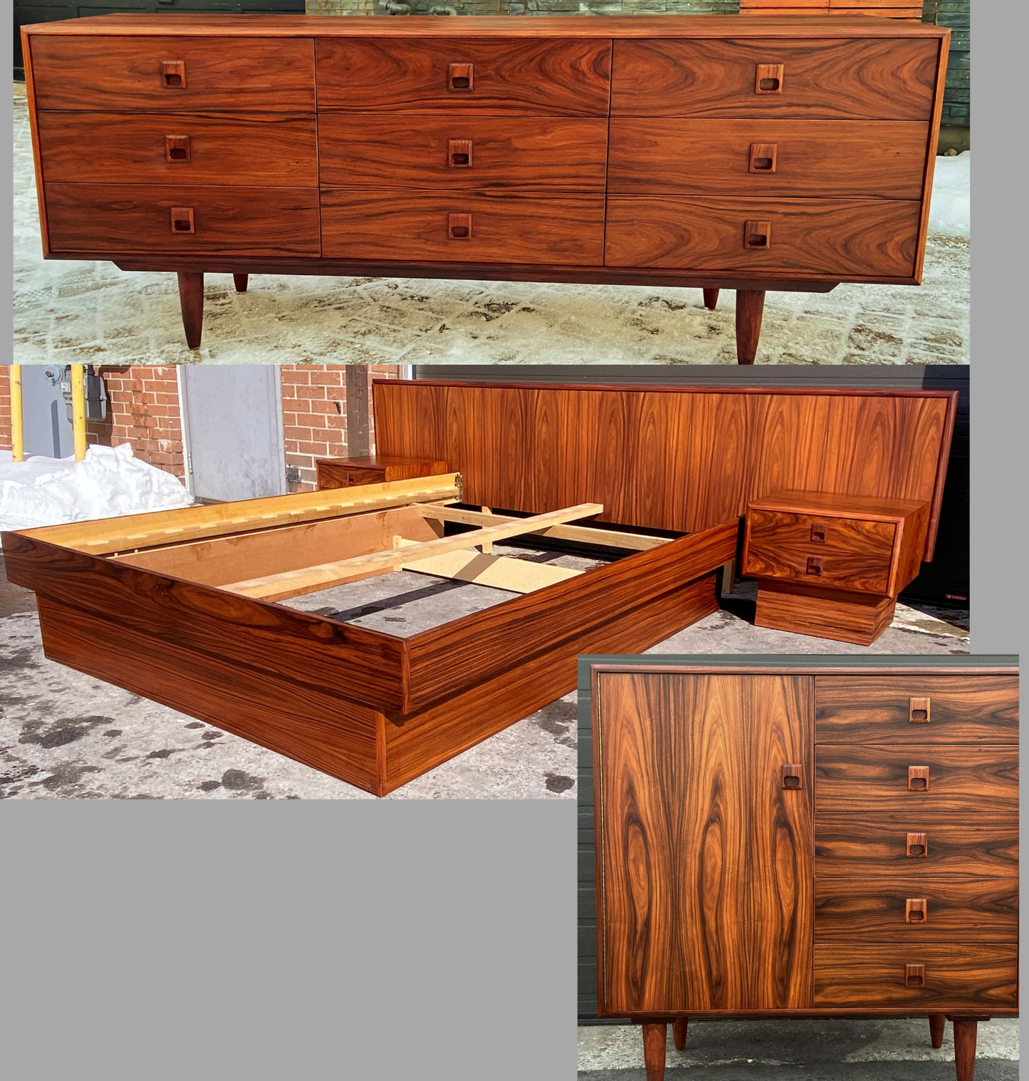 REFINISHED MCM Rosewood dresser, highboy & Queen bed w nightstands PERFECT