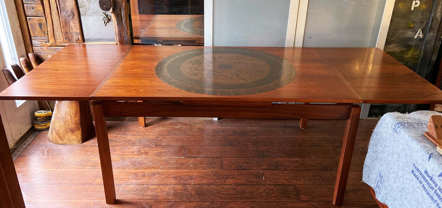 REFINISHED MCM Rosewood Draw Leaf Table with copper inlay  60"-100" large