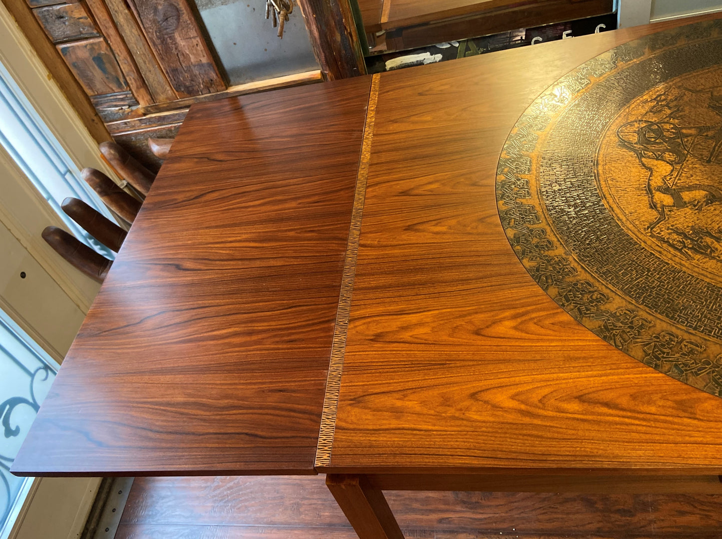 REFINISHED MCM Rosewood Draw Leaf Table with copper inlay  60"-100" large