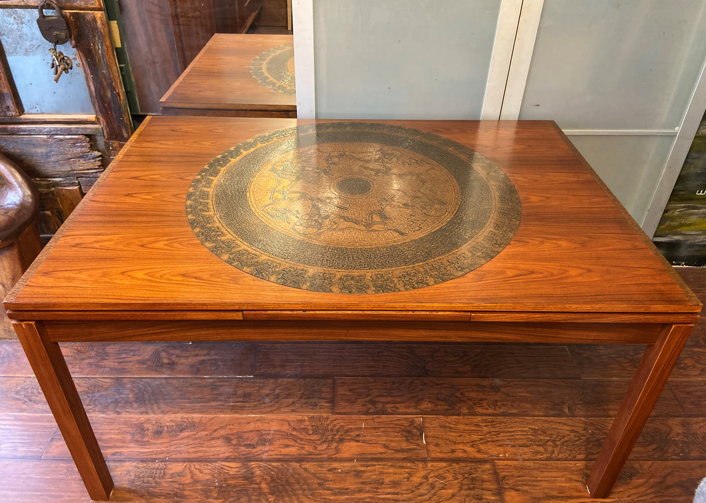 REFINISHED MCM Rosewood Draw Leaf Table with copper inlay  60"-100" large