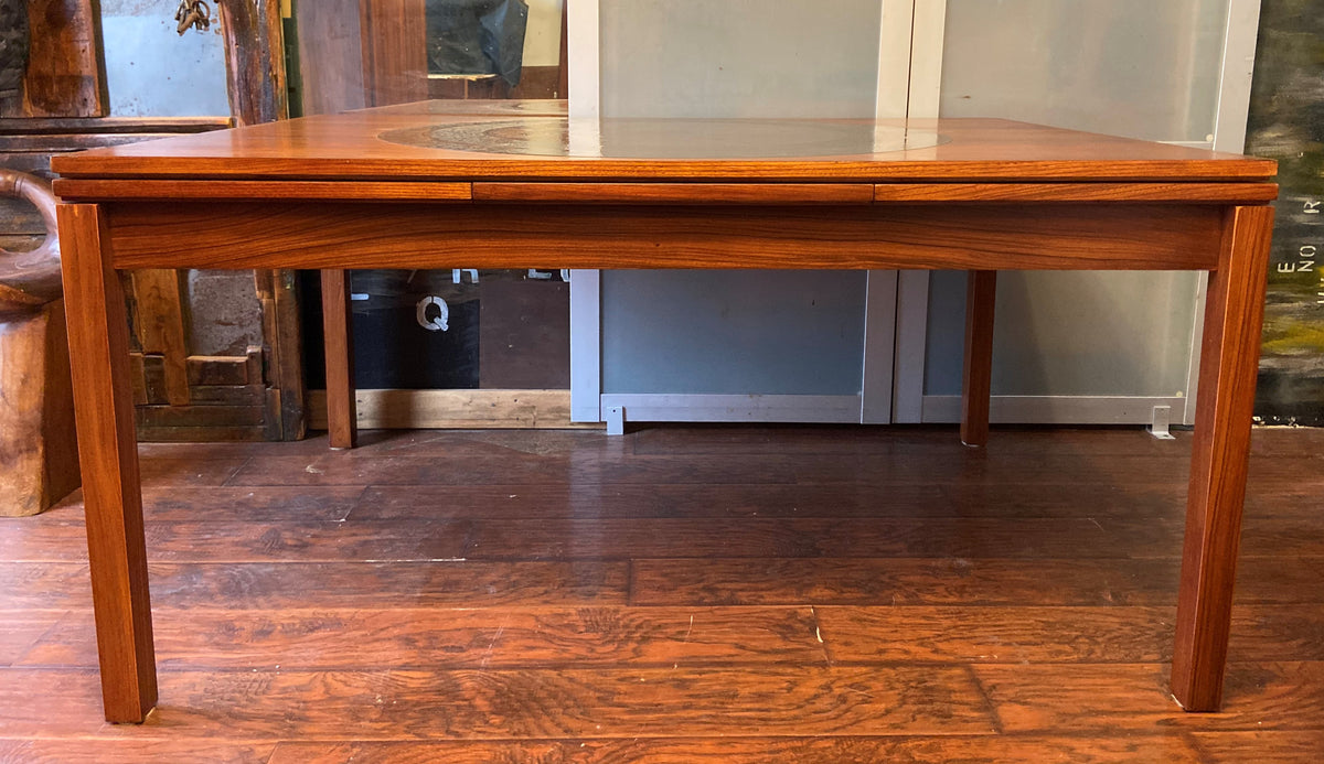 REFINISHED MCM Rosewood Draw Leaf Table with copper inlay  60
