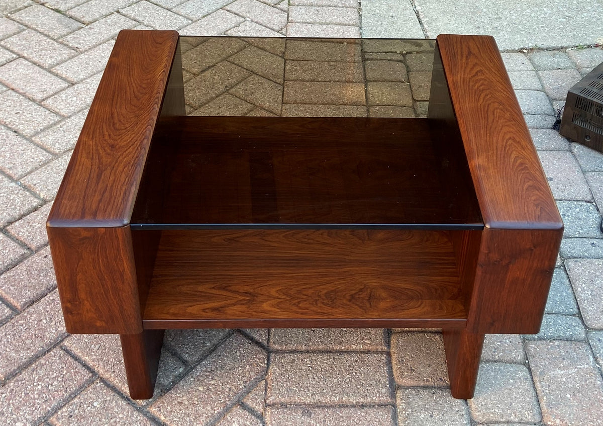 REFINISHED Mid Century Modern Rosewood Accent Table with storage & tinted glass top