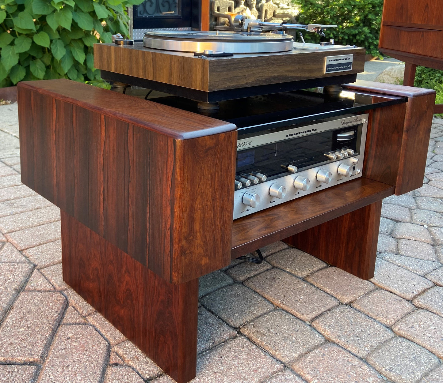 REFINISHED Mid Century Modern Rosewood Accent Table with storage & tinted glass top