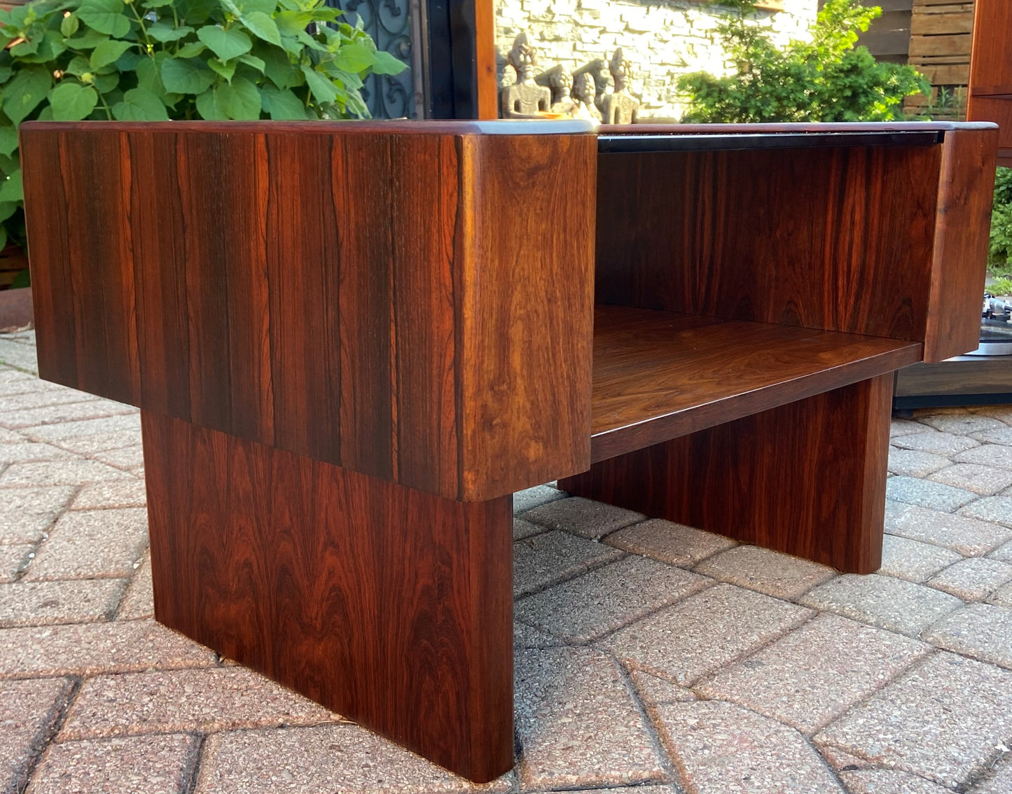 REFINISHED Mid Century Modern Rosewood Accent Table with storage & tinted glass top