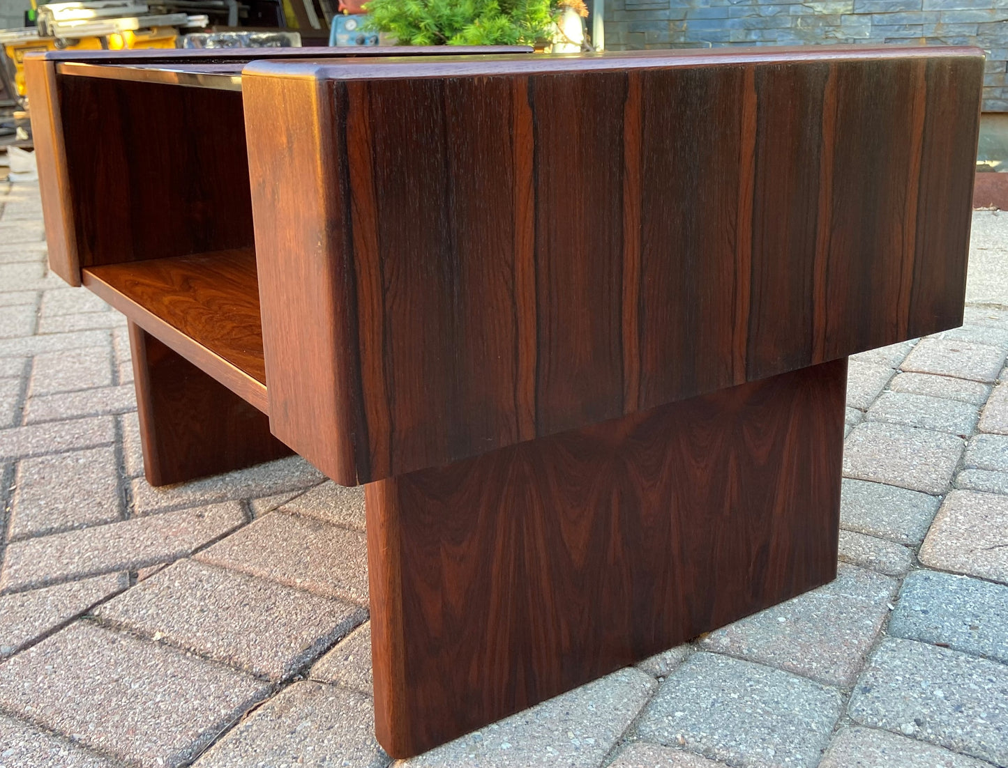 REFINISHED Mid Century Modern Rosewood Accent Table with storage & tinted glass top