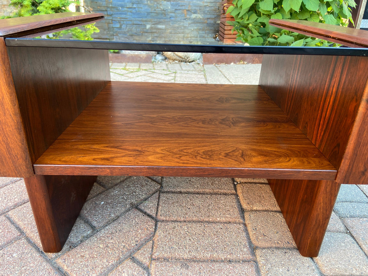 REFINISHED Mid Century Modern Rosewood Accent Table with storage & tinted glass top