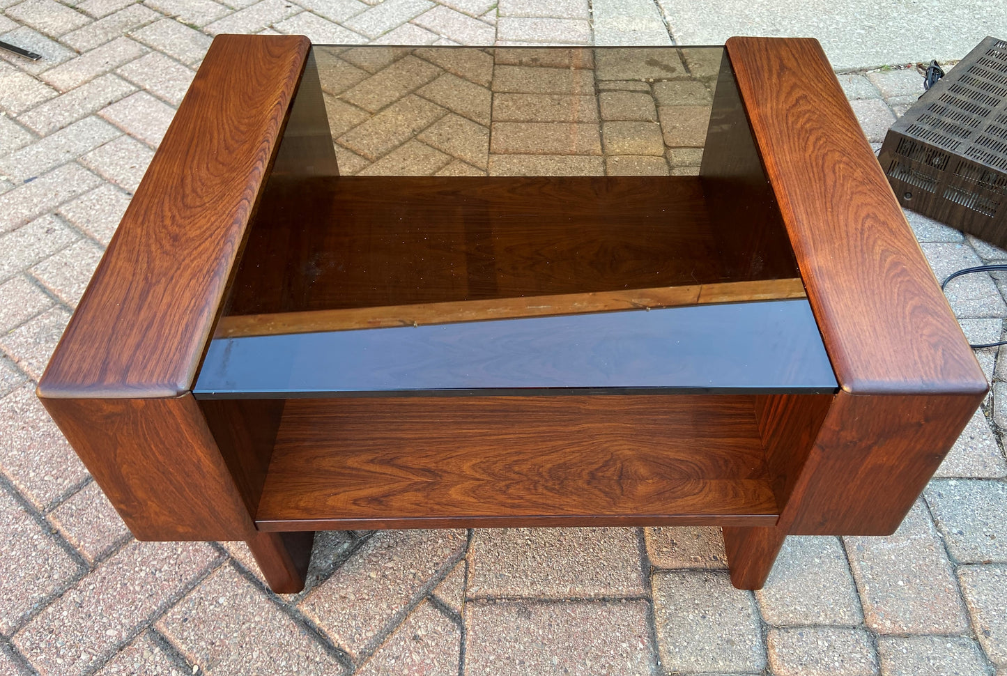 REFINISHED Mid Century Modern Rosewood Accent Table with storage & tinted glass top