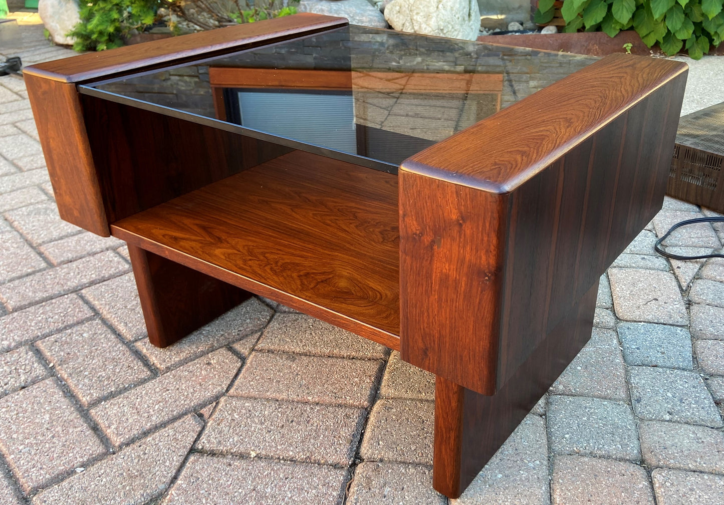 REFINISHED Mid Century Modern Rosewood Accent Table with storage & tinted glass top