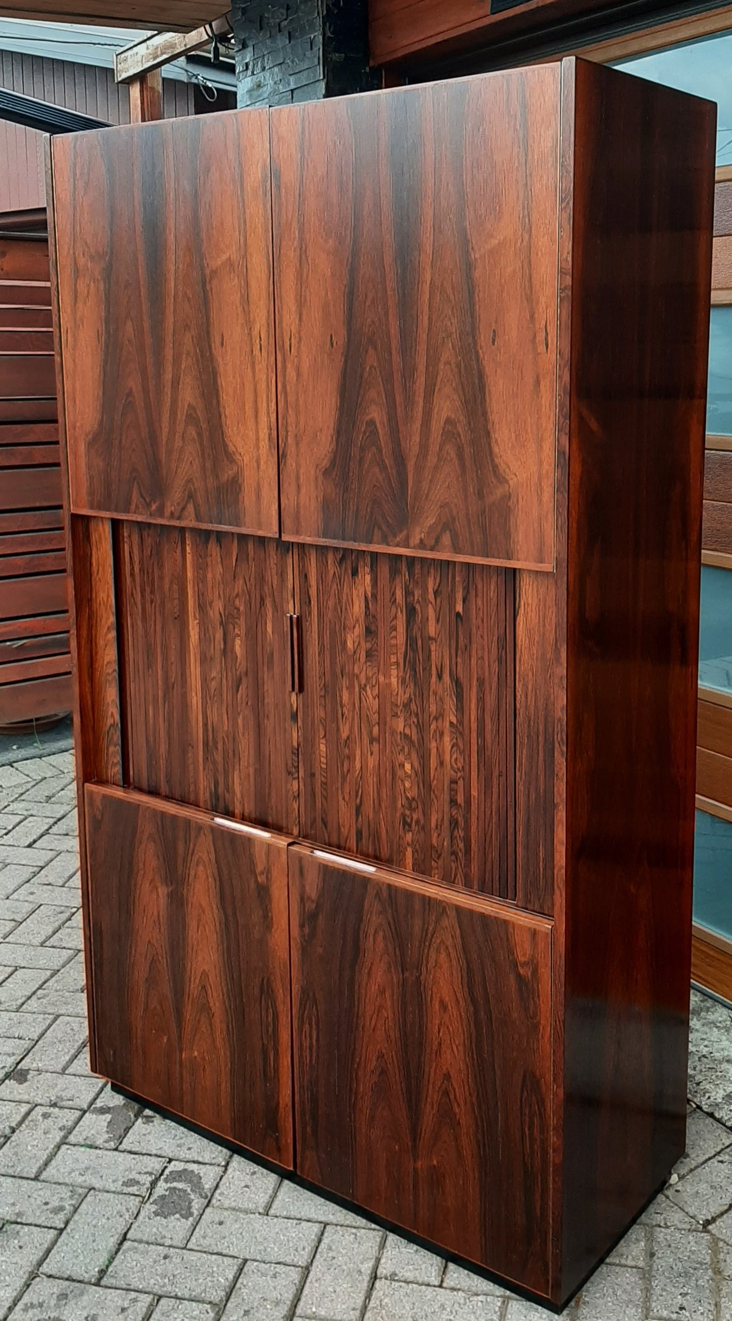 Restored Mid Century Modern Brazilian rosewood cabinet w tambour doors, Perfect