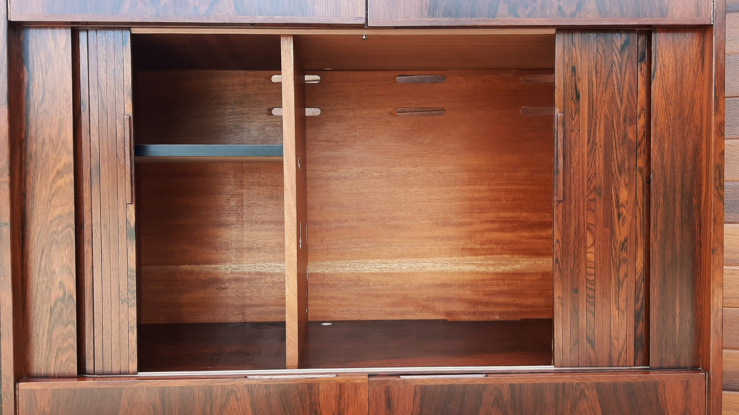 Restored Mid Century Modern Brazilian rosewood cabinet w tambour doors, Perfect