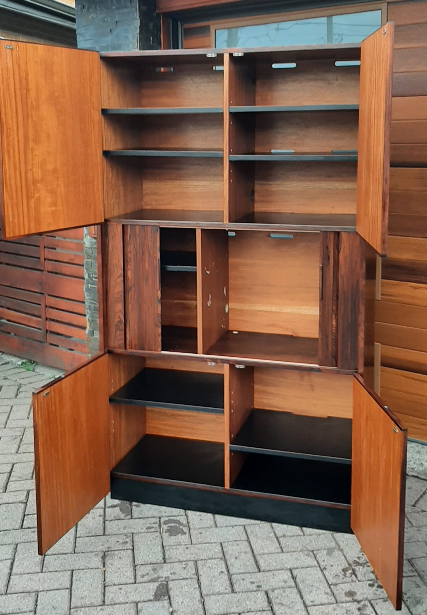 Restored Mid Century Modern Brazilian rosewood cabinet w tambour doors, Perfect