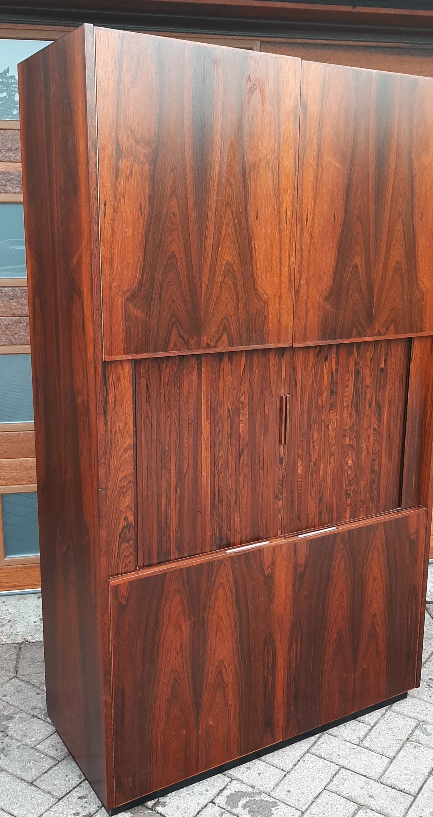 Restored Mid Century Modern Brazilian rosewood cabinet w tambour doors, Perfect