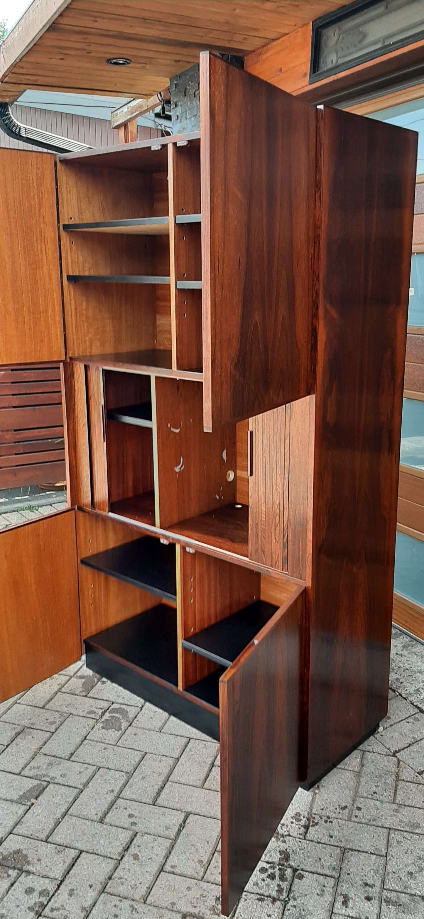 Restored Mid Century Modern Brazilian rosewood cabinet w tambour doors, Perfect