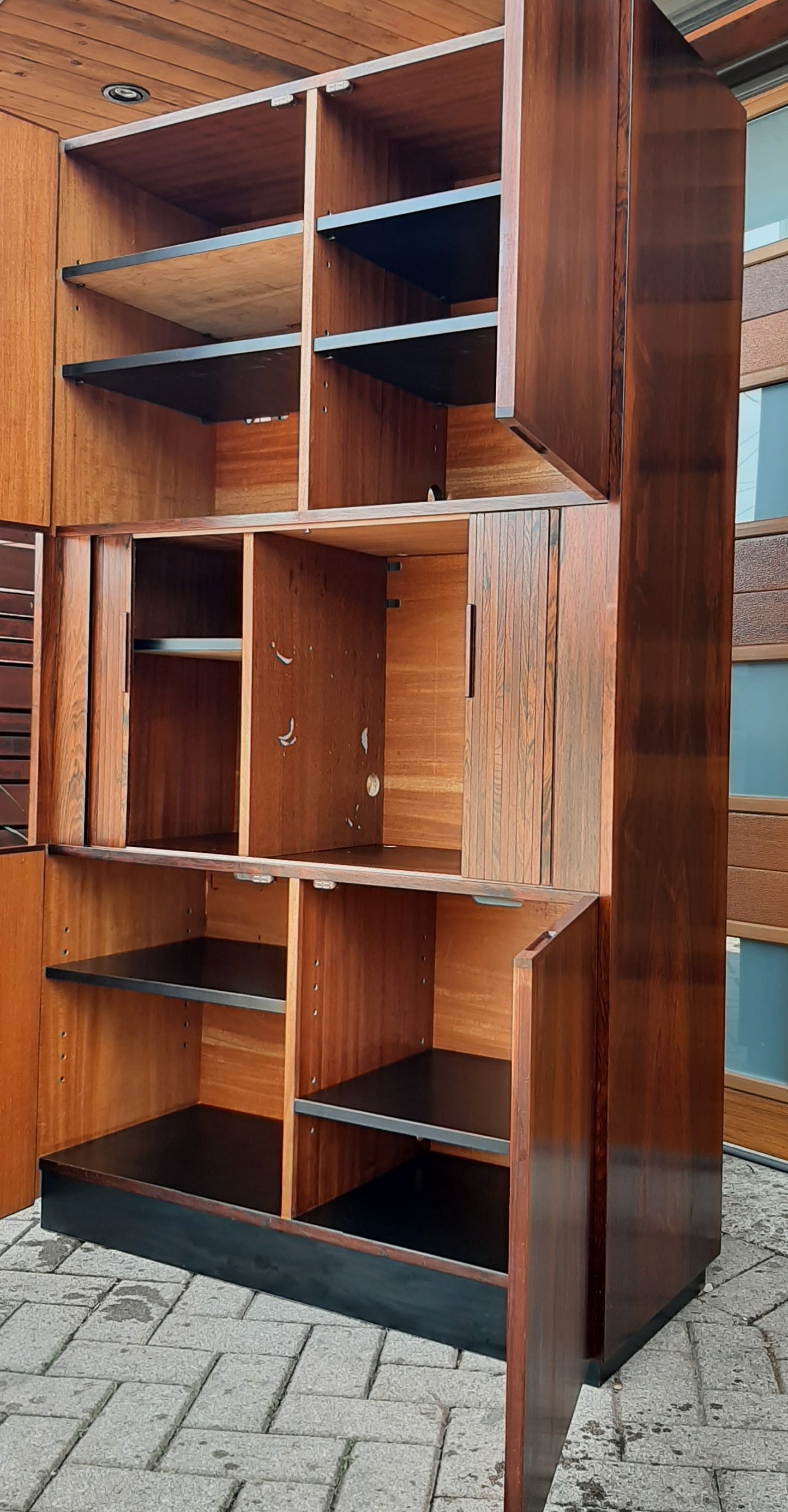 Restored Mid Century Modern Brazilian rosewood cabinet w tambour doors, Perfect