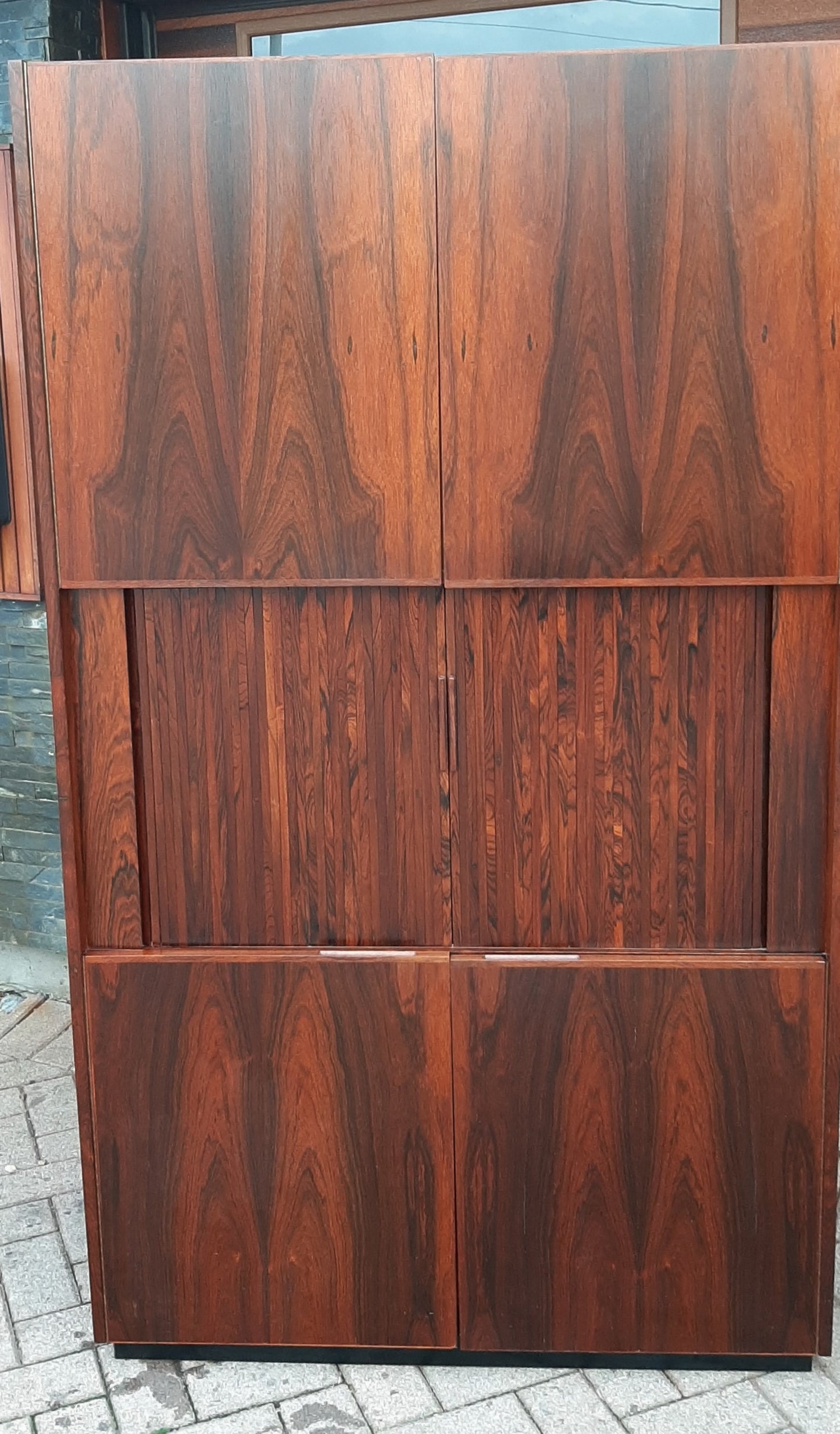 Restored Mid Century Modern Brazilian rosewood cabinet w tambour doors, Perfect