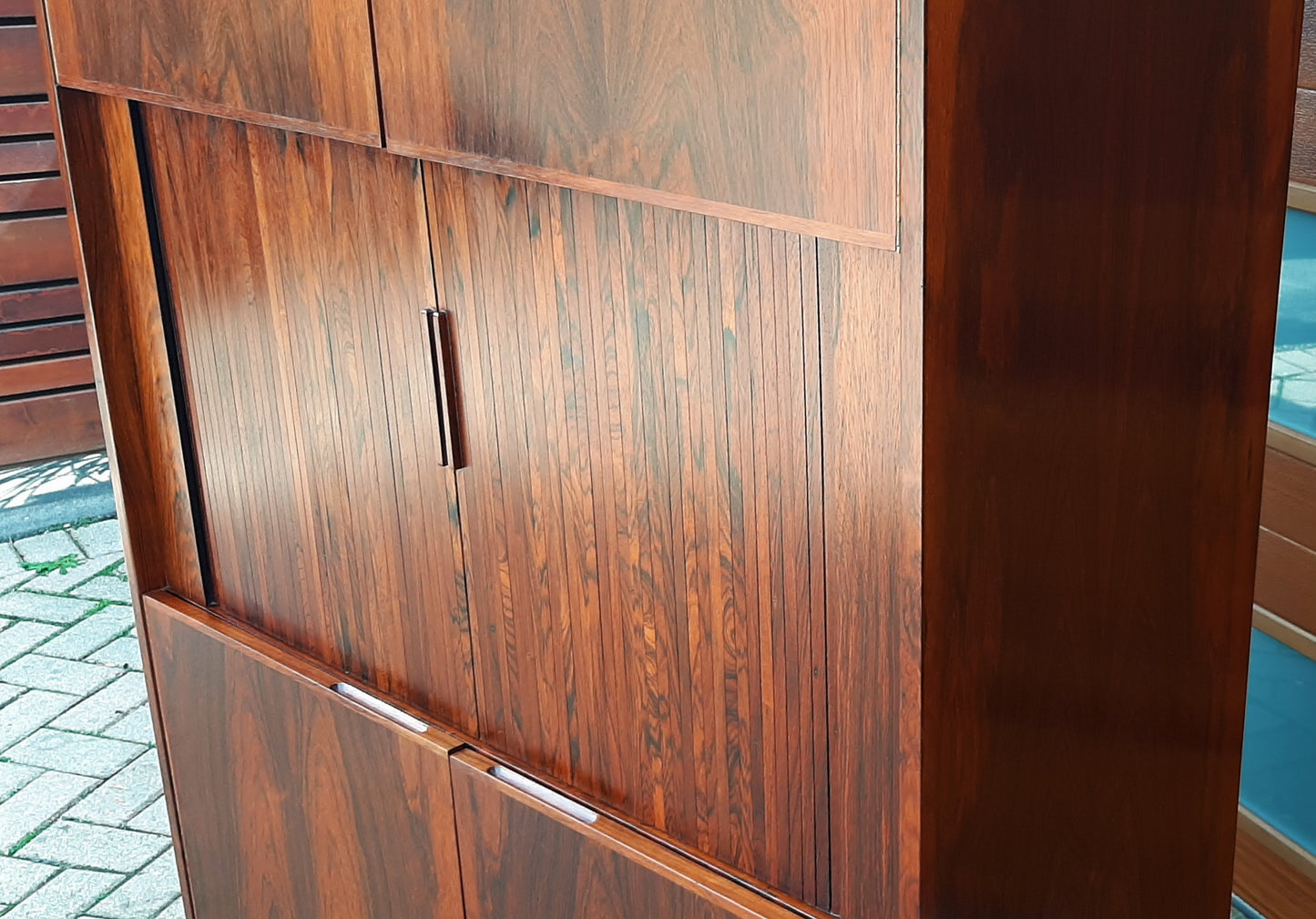 Restored Mid Century Modern Brazilian rosewood cabinet w tambour doors, Perfect