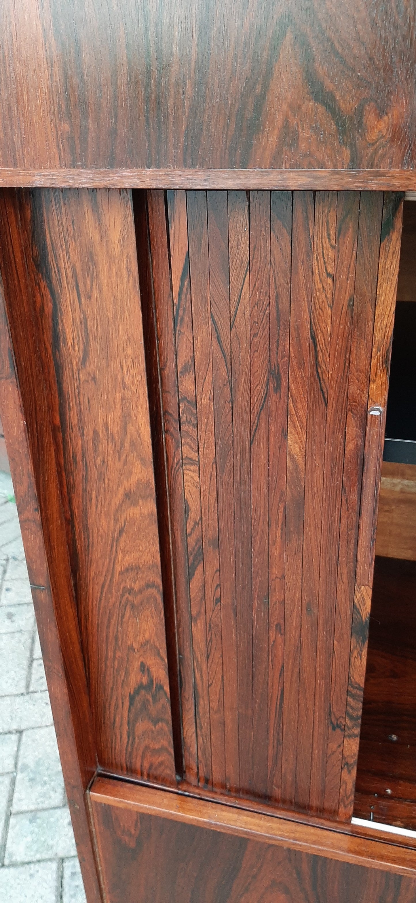 Restored Mid Century Modern Brazilian rosewood cabinet w tambour doors, Perfect