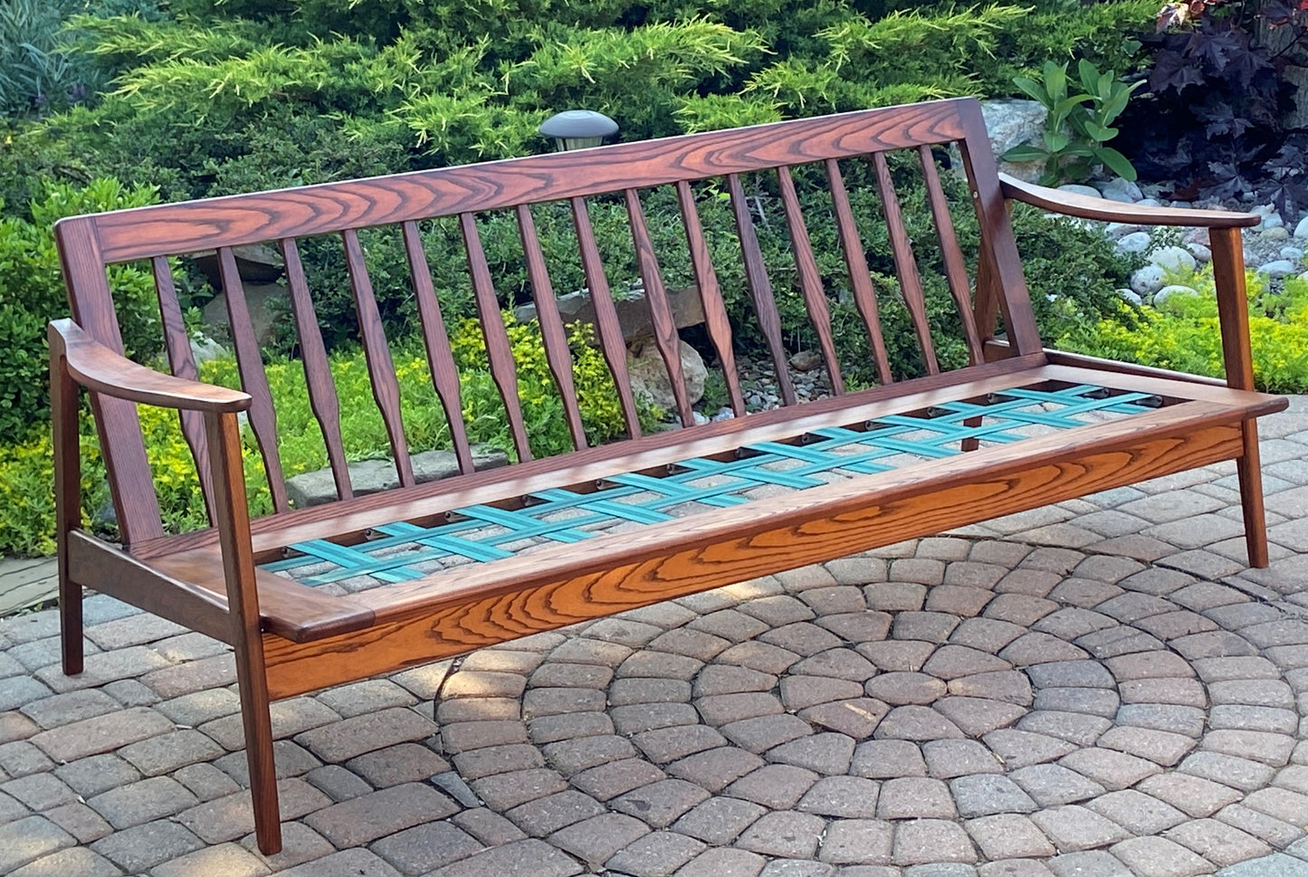 REFINISHED Mid Century Modern 3-Seater Sofa NEW CUSHIONS in Knoll stain resistant grey fabric