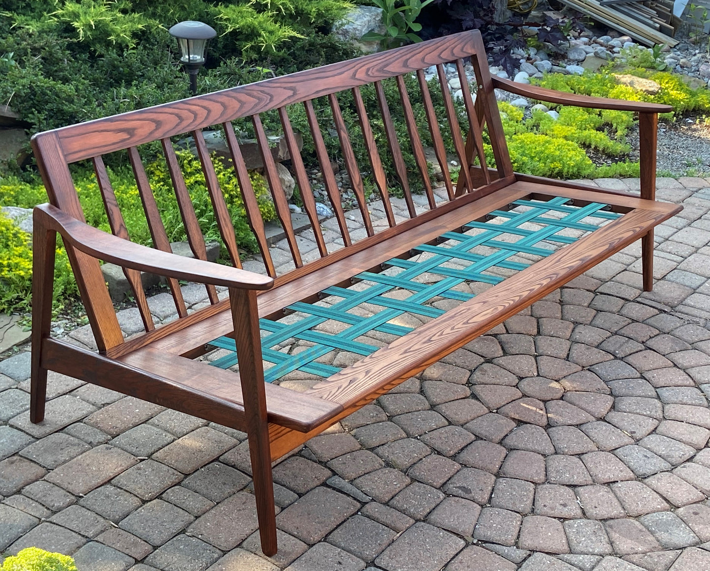 REFINISHED Mid Century Modern 3-Seater Sofa NEW CUSHIONS in Knoll stain resistant grey fabric