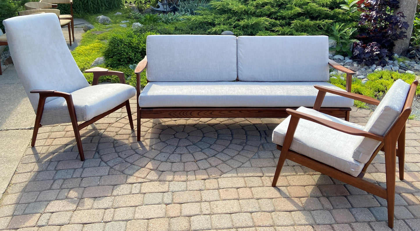 REFINISHED Mid Century Modern 3-Seater Sofa & 2 Lounge chairs NEW CUSHIONS in Knoll stain resistant grey fabric