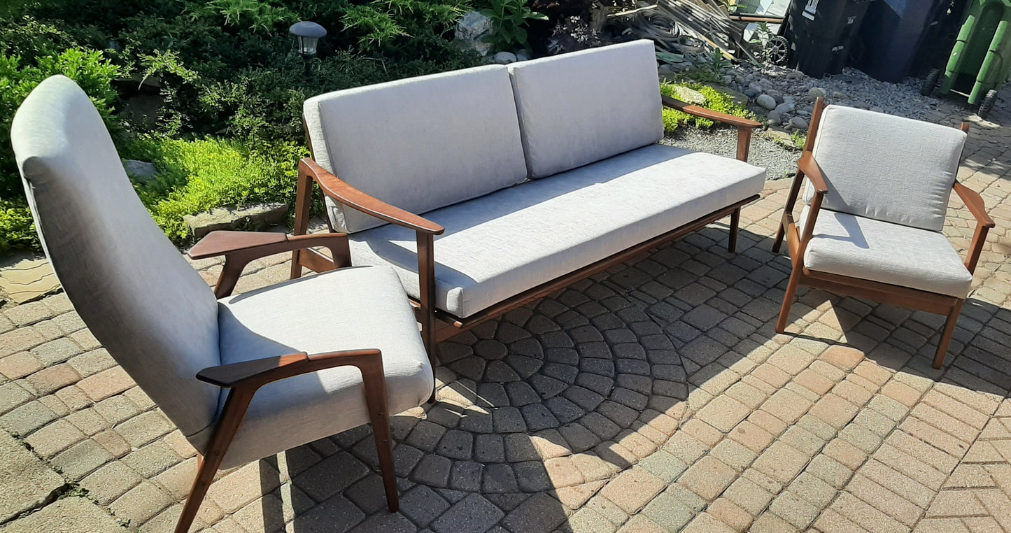 REFINISHED Mid Century Modern 3-Seater Sofa & 2 Lounge chairs NEW CUSHIONS in Knoll stain resistant grey fabric