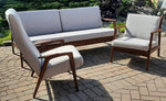 REFINISHED Mid Century Modern 3-Seater Sofa & 2 Lounge chairs NEW CUSHIONS in Knoll stain resistant grey fabric 4