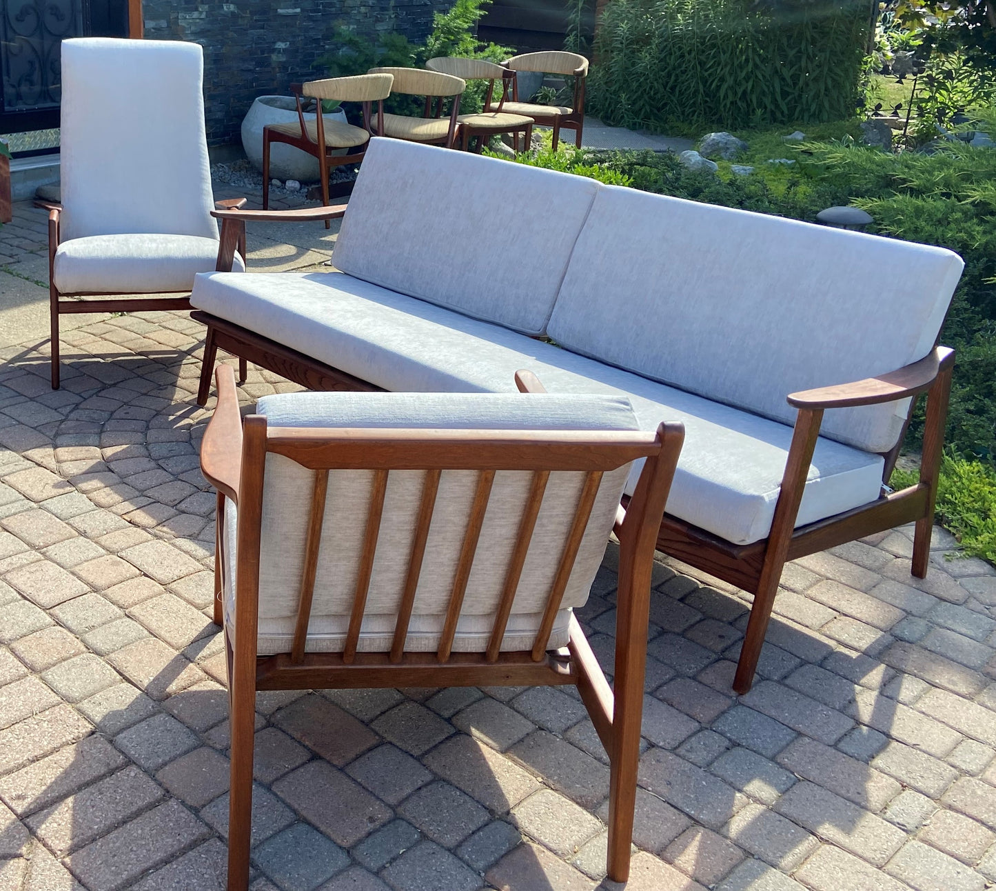 REFINISHED Mid Century Modern 3-Seater Sofa & 2 Lounge chairs NEW CUSHIONS in Knoll stain resistant grey fabric