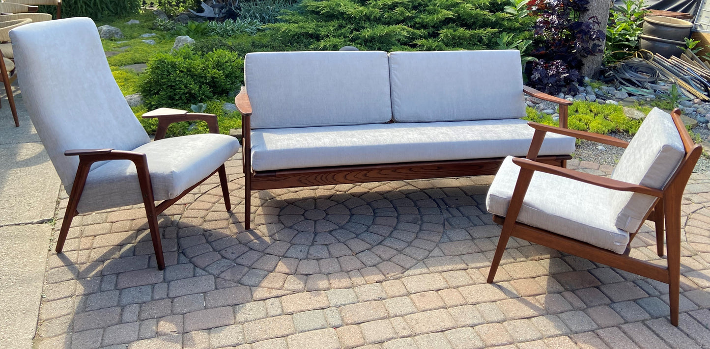 REFINISHED Mid Century Modern 3-Seater Sofa & 2 Lounge chairs NEW CUSHIONS in Knoll stain resistant grey fabric