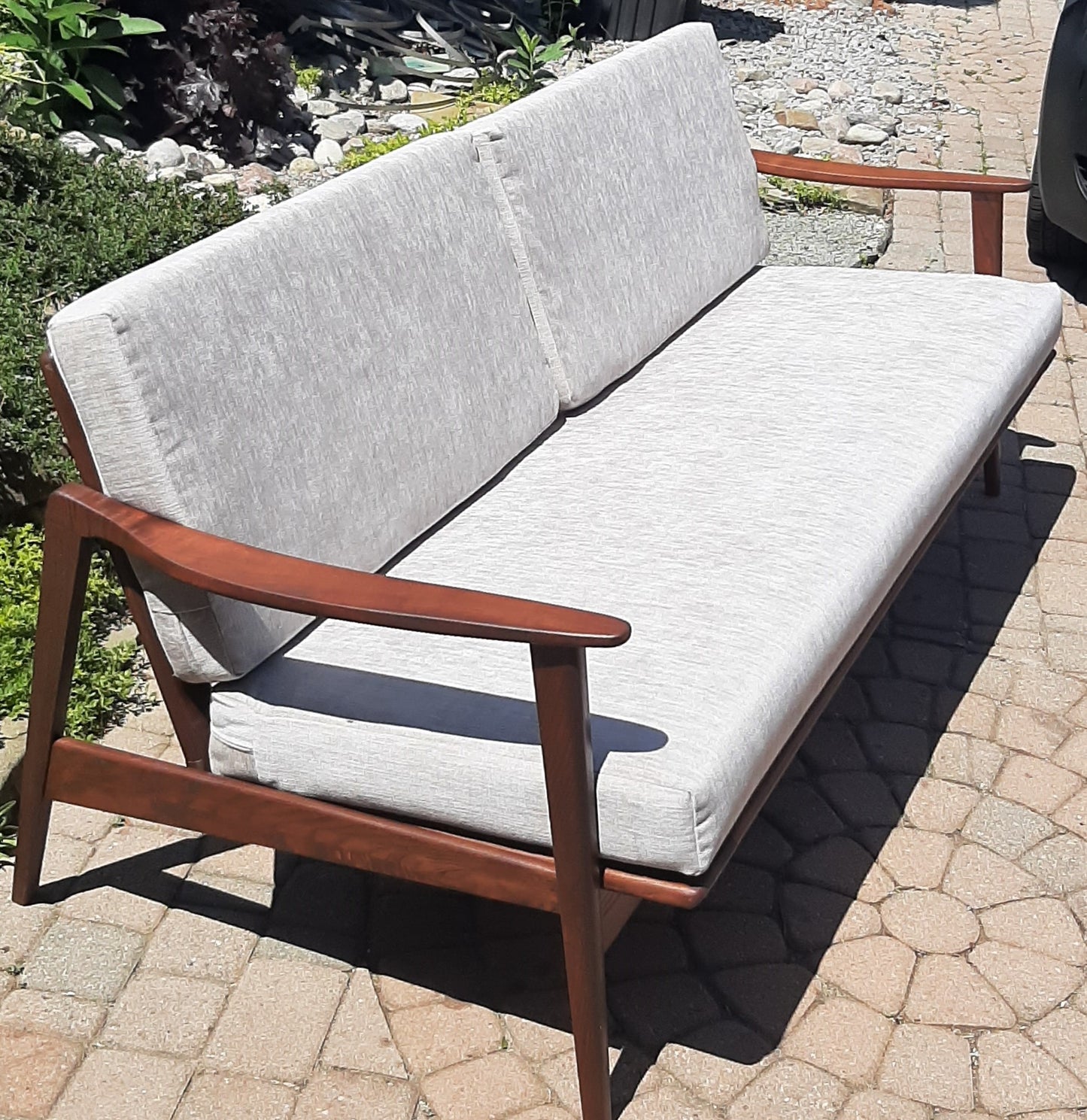 REFINISHED Mid Century Modern 3-Seater Sofa NEW CUSHIONS in Knoll stain resistant grey fabric
