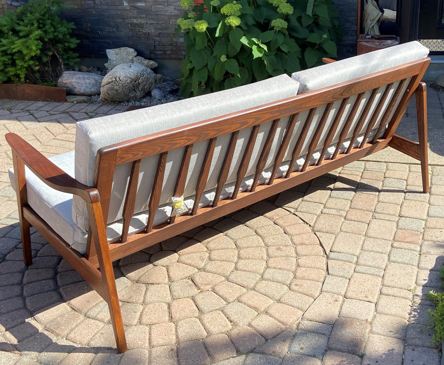 REFINISHED Mid Century Modern 3-Seater Sofa NEW CUSHIONS in Knoll stain resistant grey fabric