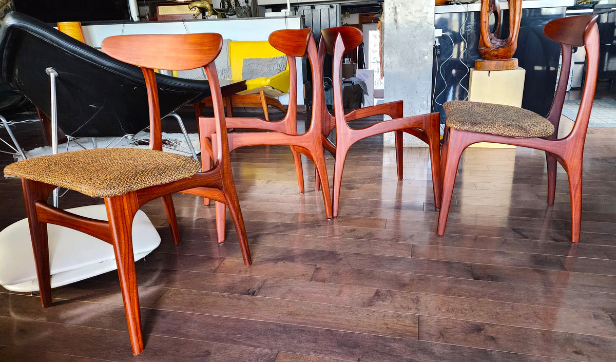 4 REFINISHED Mid Century Modern Teak Afromosia Chairs, will be REUPHOLSTERED