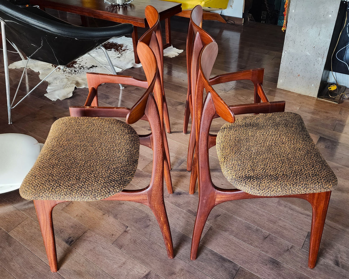 4 REFINISHED Mid Century Modern Teak Afromosia Chairs, will be REUPHOLSTERED