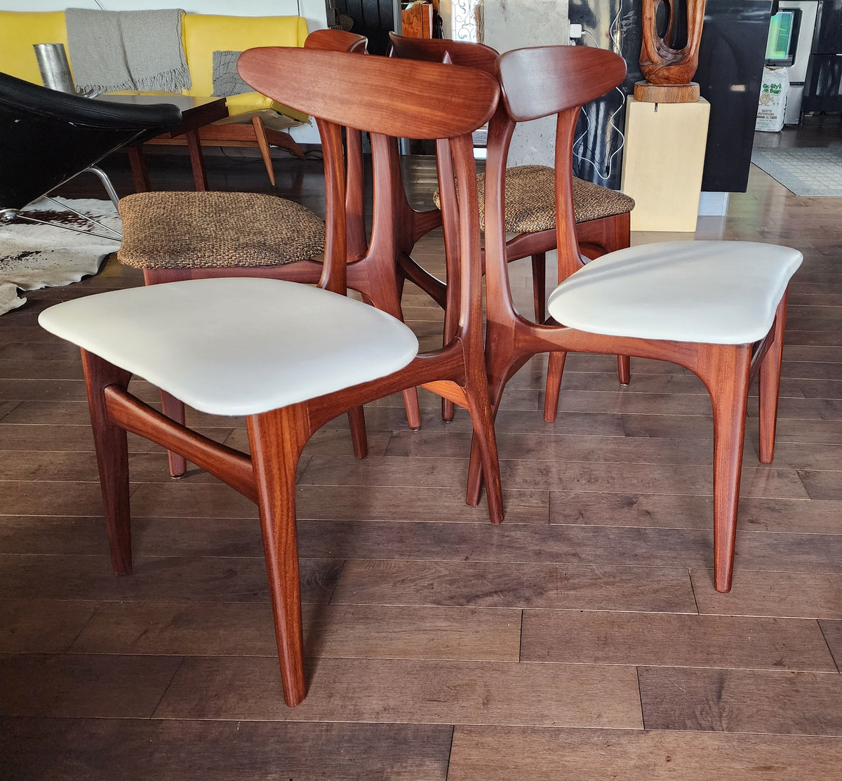 4 REFINISHED Mid Century Modern Teak Afromosia Chairs, will be REUPHOLSTERED