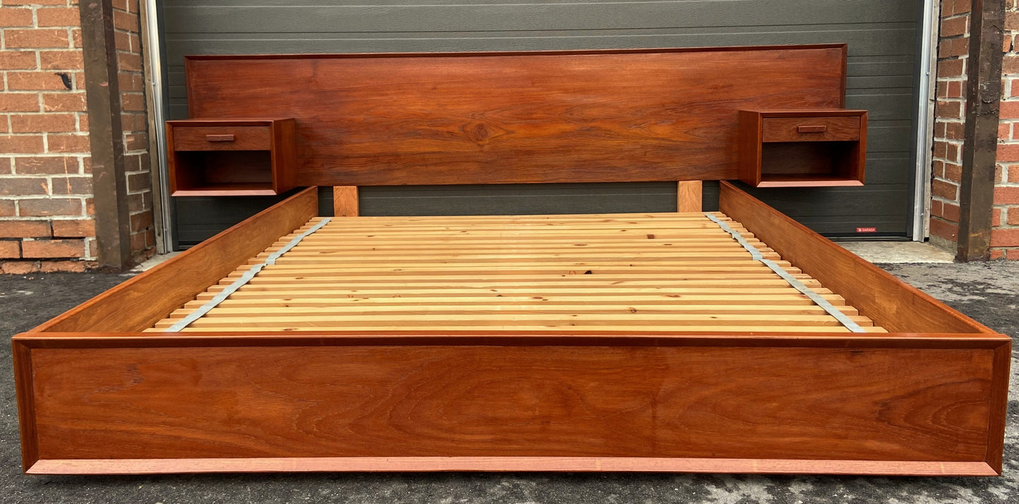 REFINISHED MCM SOLID Teak Platform Bed w floating nightstands Queen, PERFECT