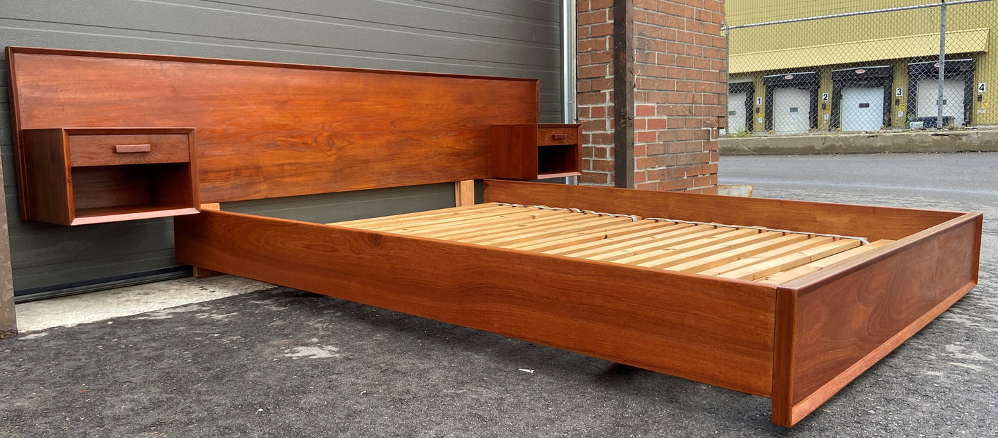 REFINISHED MCM SOLID Teak Platform Bed w floating nightstands Queen, PERFECT