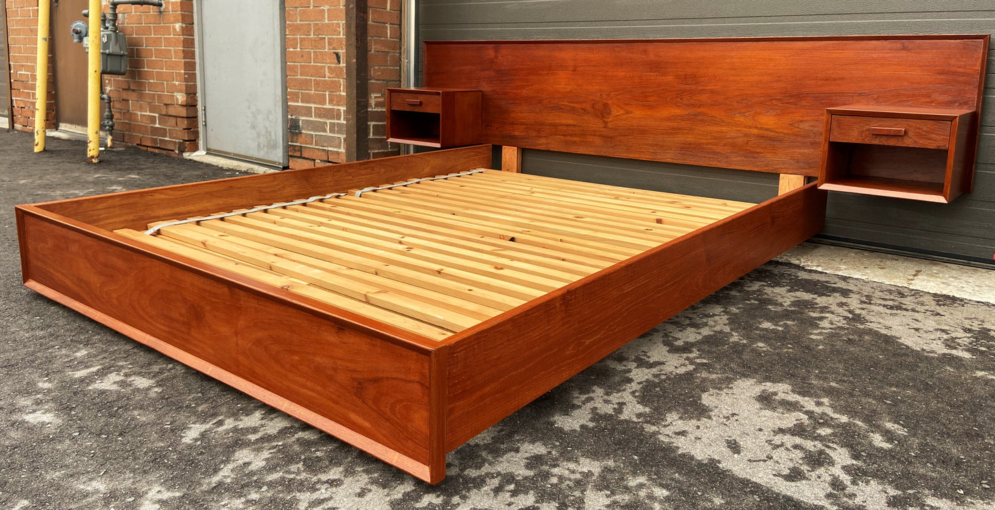 REFINISHED MCM SOLID Teak Platform Bed w floating nightstands Queen, PERFECT