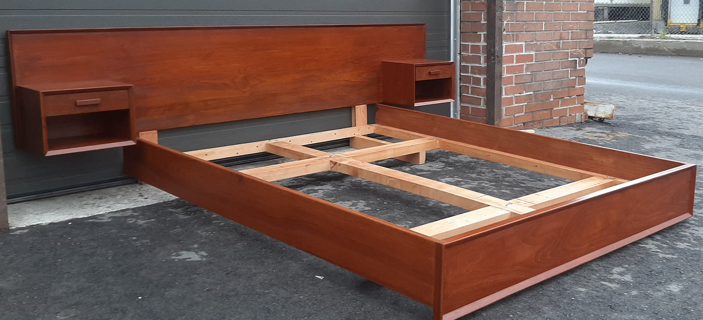 REFINISHED MCM SOLID Teak Platform Bed w floating nightstands Queen, PERFECT