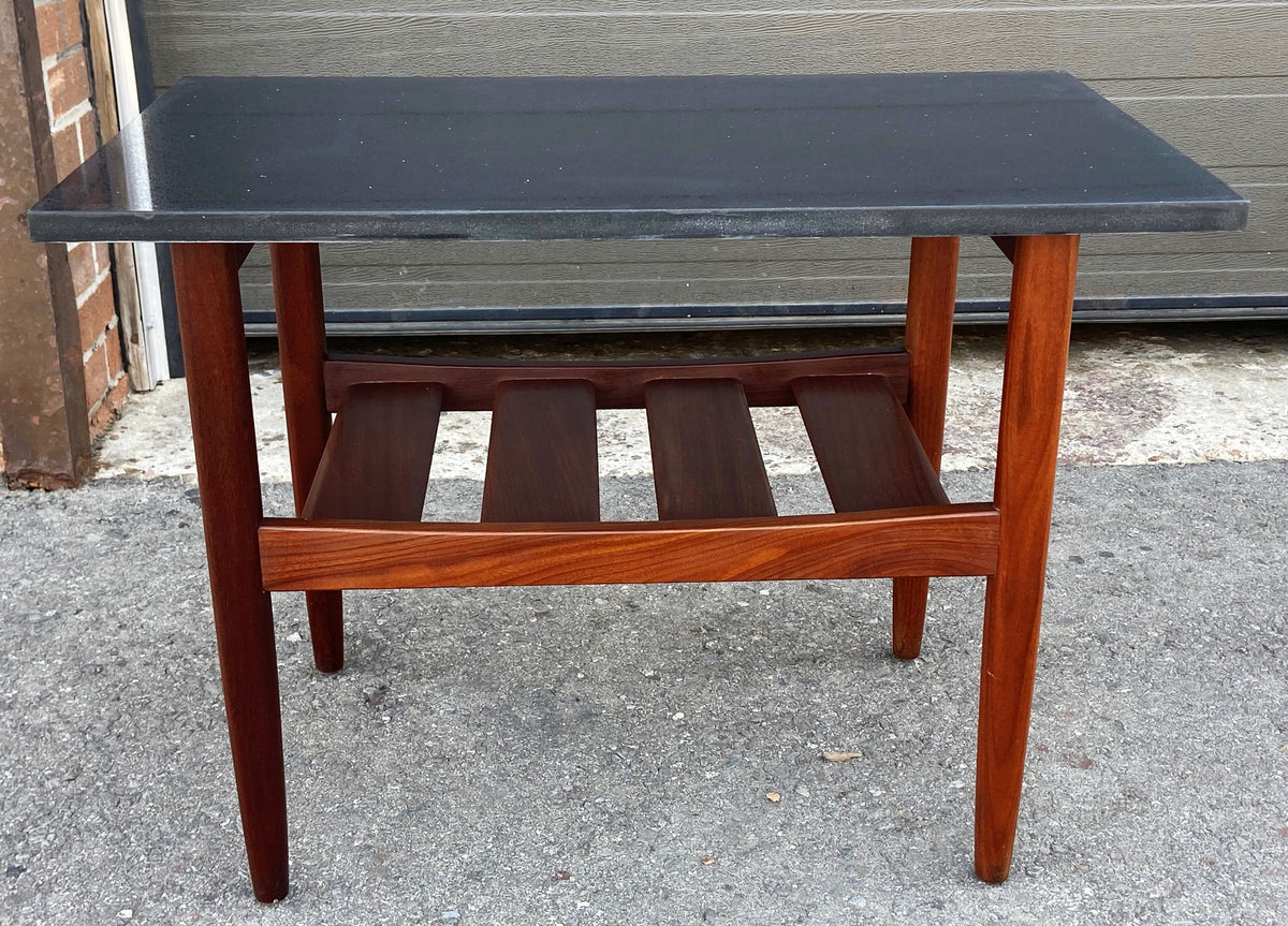 REFINISHED Mid Century Modern Solid Teak Accent Table w Shelf & Stone Top