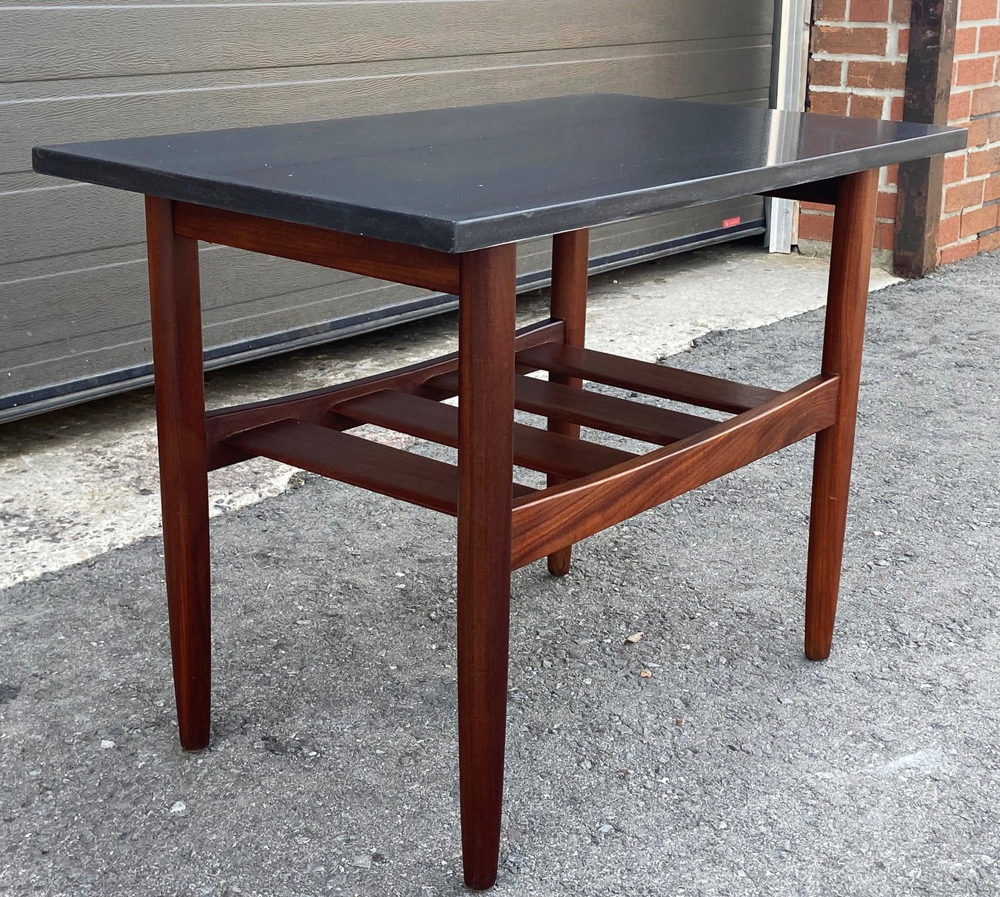 REFINISHED Mid Century Modern Solid Teak Accent Table w Shelf & Stone Top
