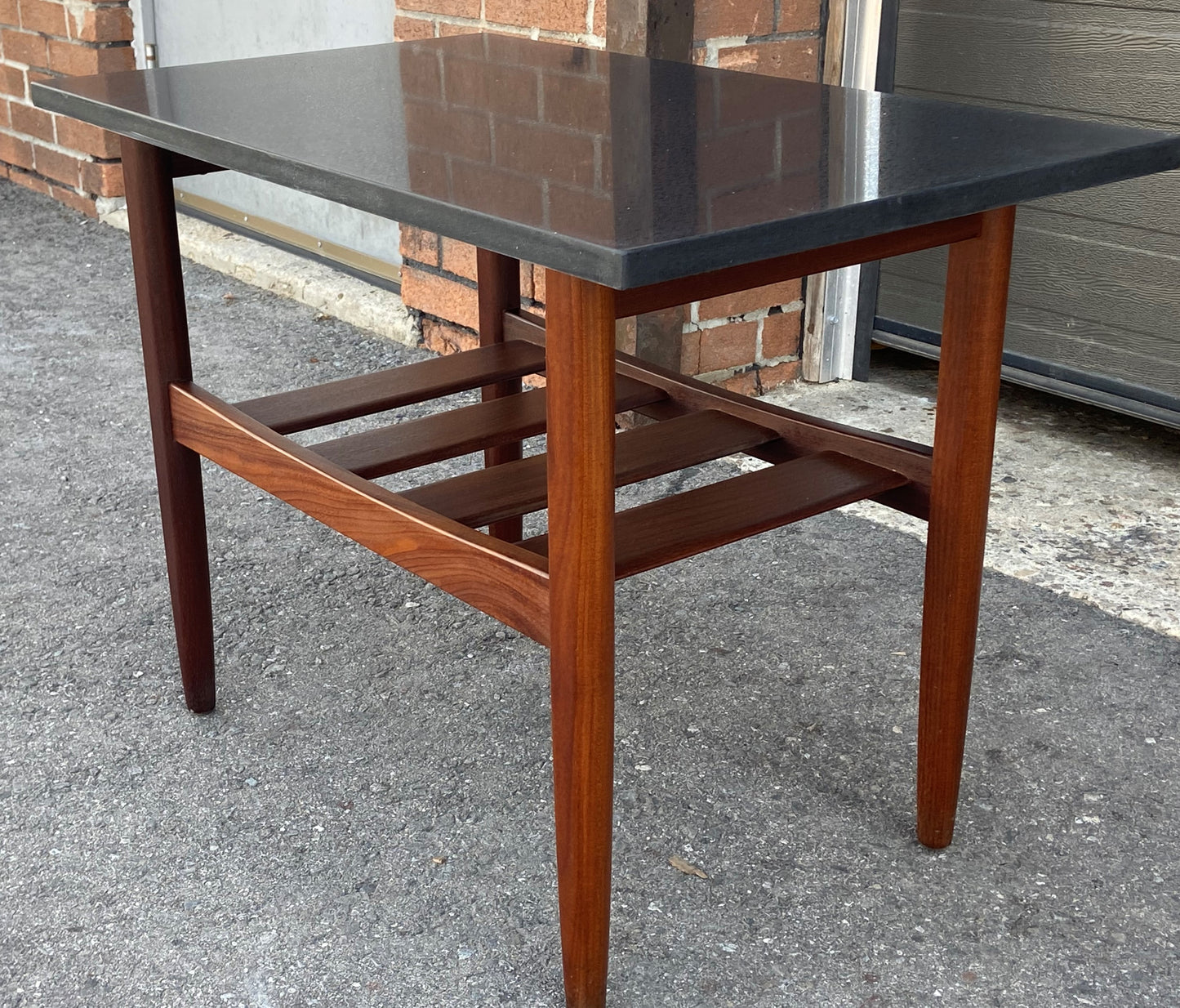 REFINISHED Mid Century Modern Solid Teak Accent Table w Shelf & Stone Top