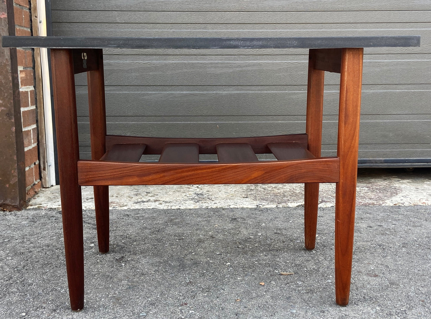 REFINISHED Mid Century Modern Solid Teak Accent Table w Shelf & Stone Top