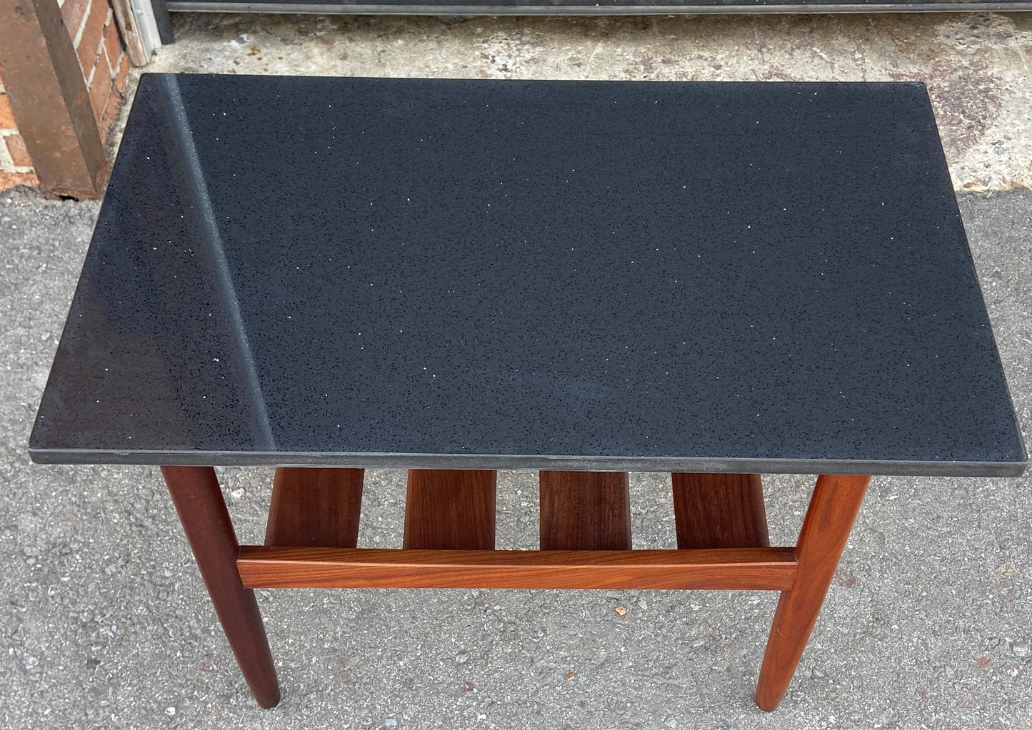 REFINISHED Mid Century Modern Solid Teak Accent Table w Shelf & Stone Top