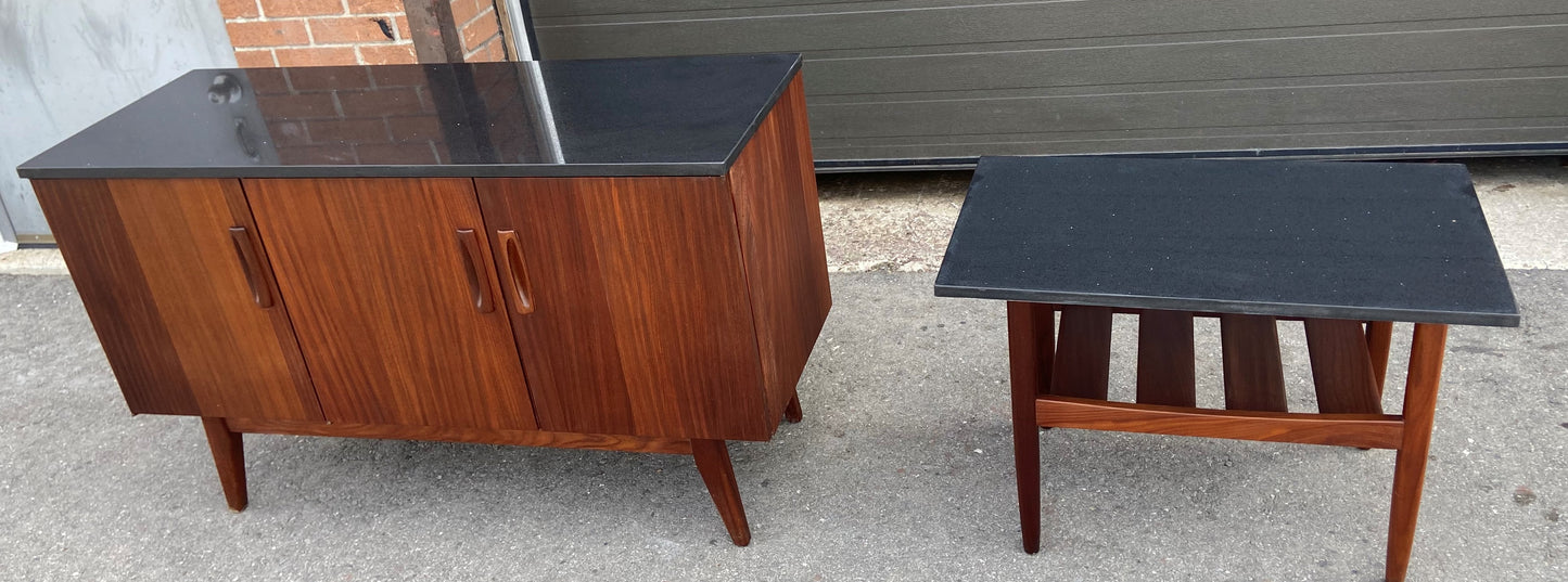 REFINISHED Mid Century Modern Solid Teak Accent Table w Shelf & Stone Top