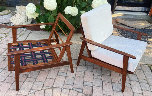 A pair of REFINISHED Mid Century Modern Lounge Chairs will get New Cushions