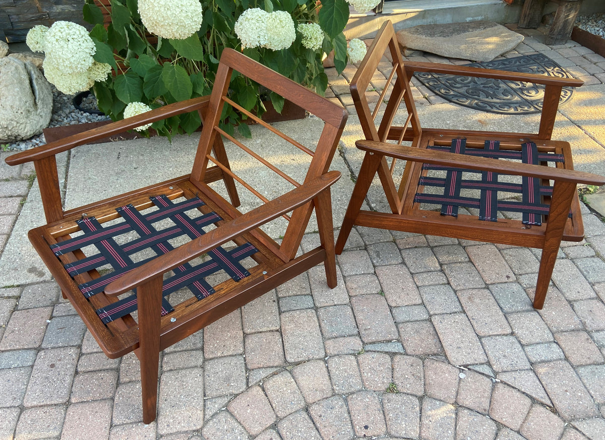 A pair of REFINISHED Mid Century Modern Lounge Chairs will get New Cushions