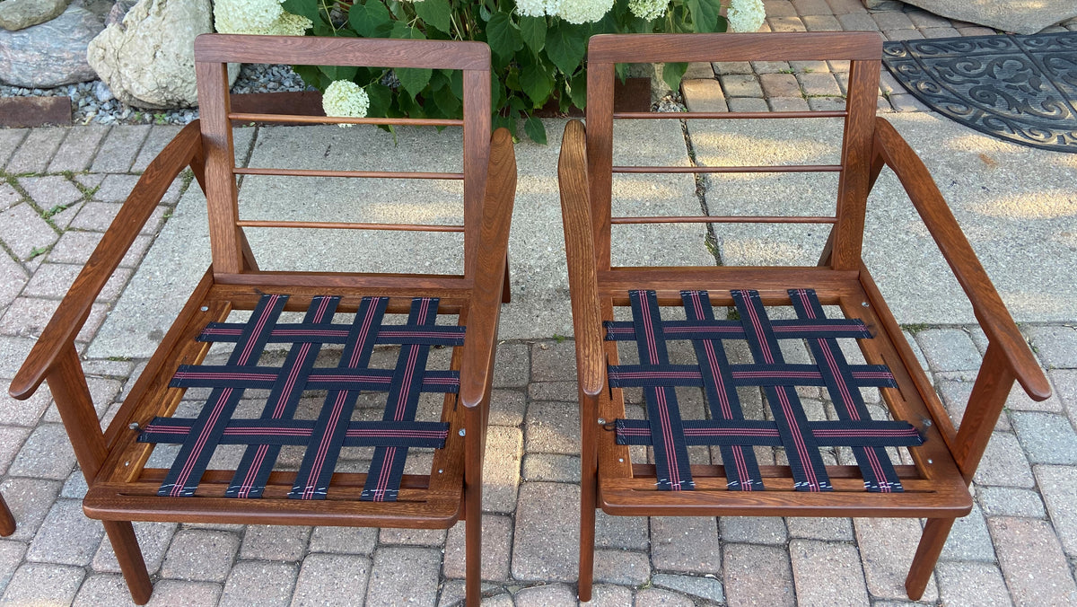A pair of REFINISHED Mid Century Modern Lounge Chairs will get New Cushions